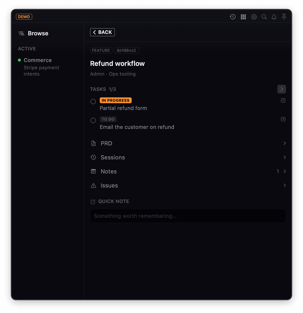 The Refund workflow feature open in the panel, showing tasks one of three complete with status pills, and rows for PRD, Sessions, Notes and Issues.