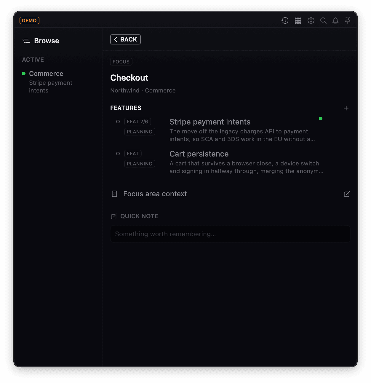 The Checkout focus area in the panel, listing Cart persistence and Stripe payment intents, each with a one sentence summary beneath its name.