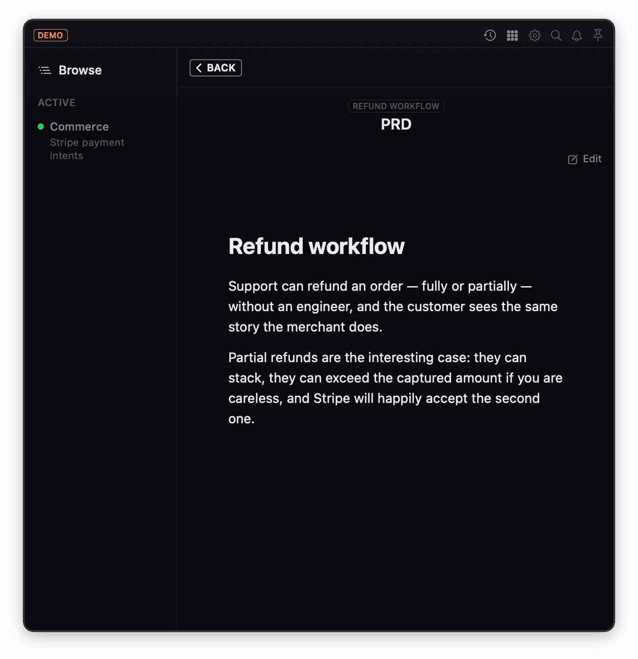 A PRD rendered in the panel, headed PRD, with a Refund workflow pill above the heading naming the feature it belongs to.